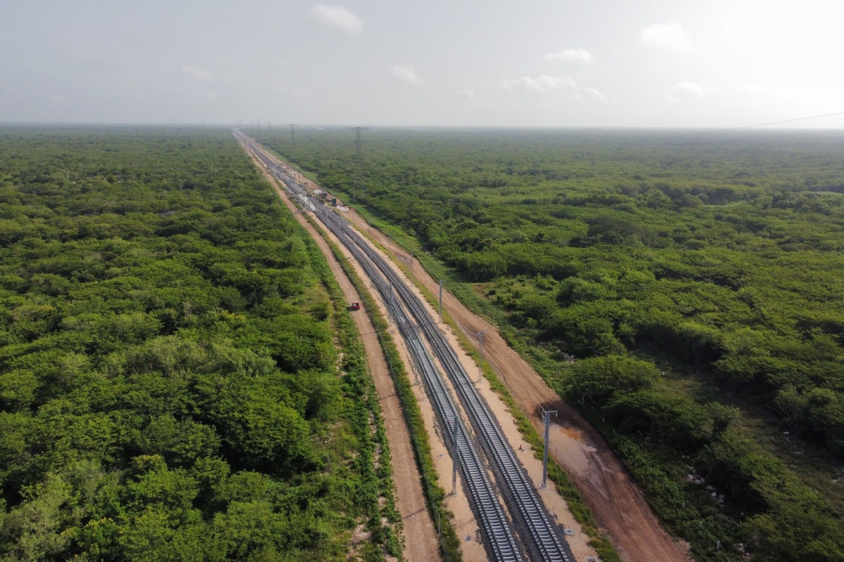 aerial view of the new maya train track in the mexican caribbean 