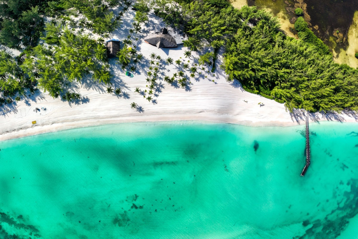 aerial shot of a white sand beach in cozumel 