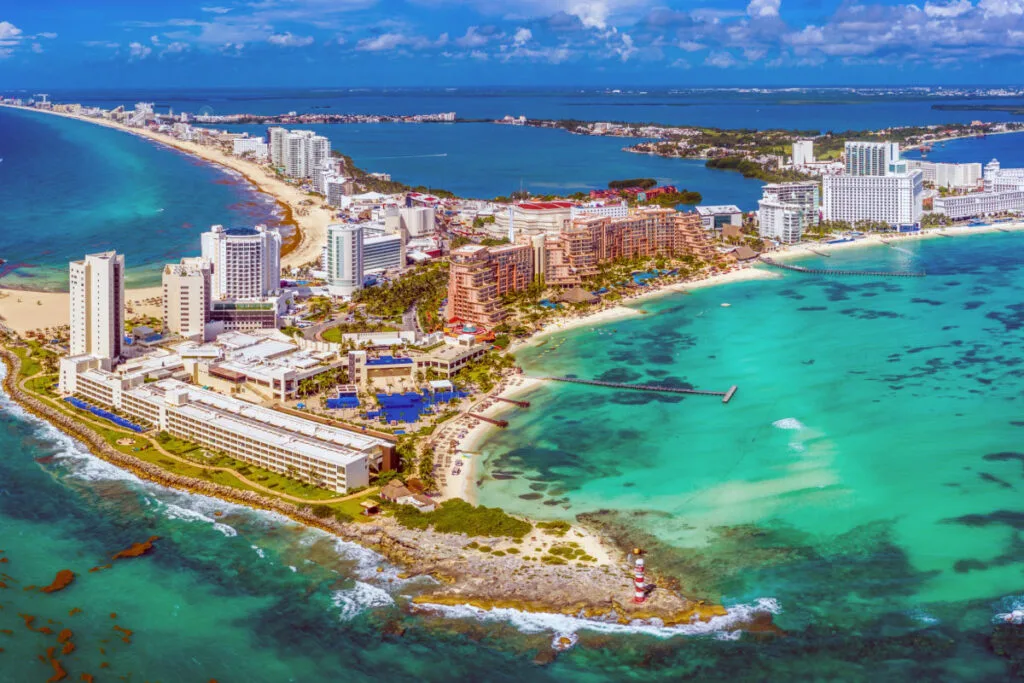 Aerial View of the Cancun Hotel Zone, Nichupte Lagoon, and the Mexican Caribbean Sea