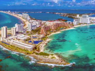 Aerial View of the Cancun Hotel Zone, Nichupte Lagoon, and the Mexican Caribbean Sea