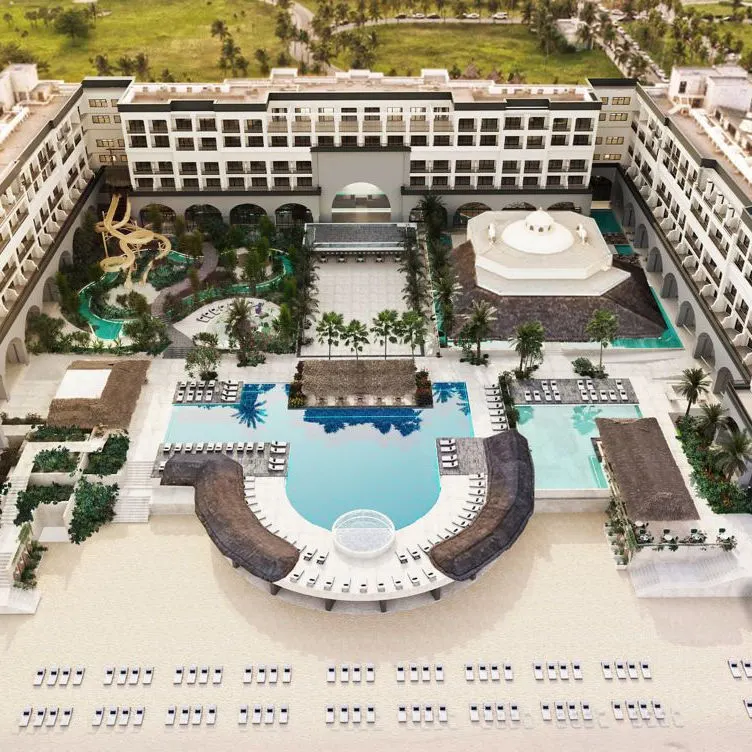 Aerial view of the new Marriott Cancun featuring beach and pools