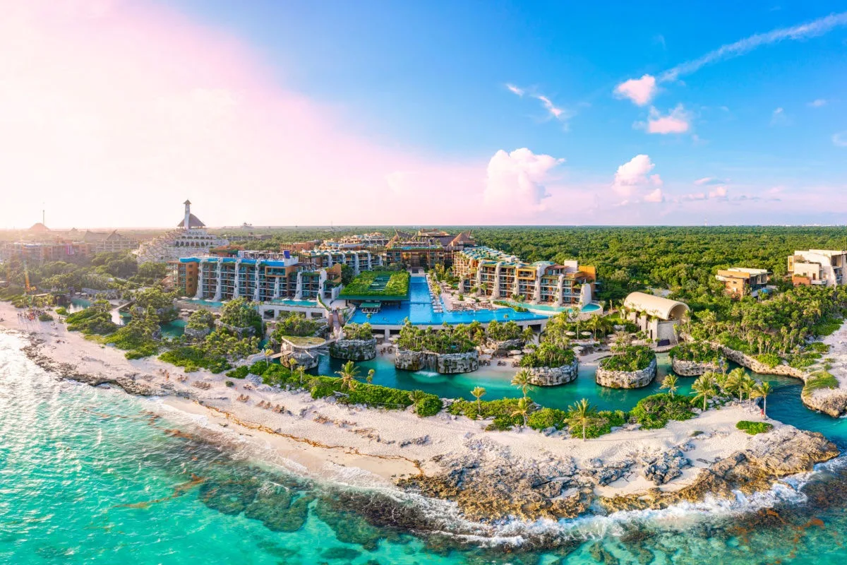 aerial view of a resort area in cancun with beach