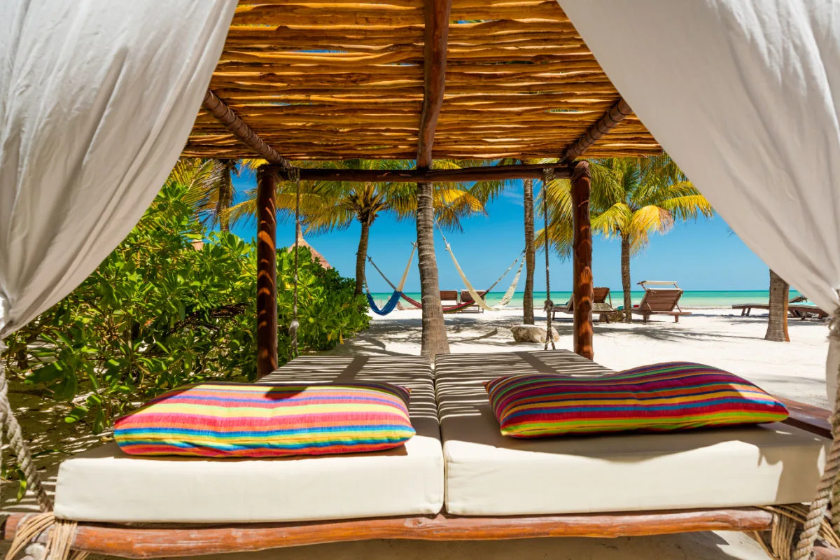 Hammocks and Daybeds on a Sargassum Free Beach on the Beautiful Island of Holbox, Mexico