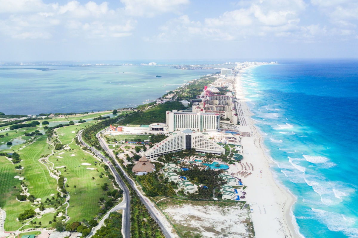 large aerial view of cancun downtown with resorts 