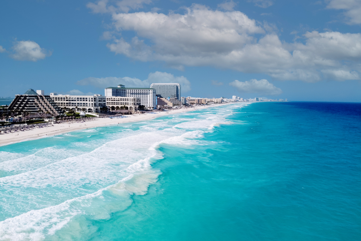 Aerial View of Beaches and Hotels in the Cancun Hotel Zone