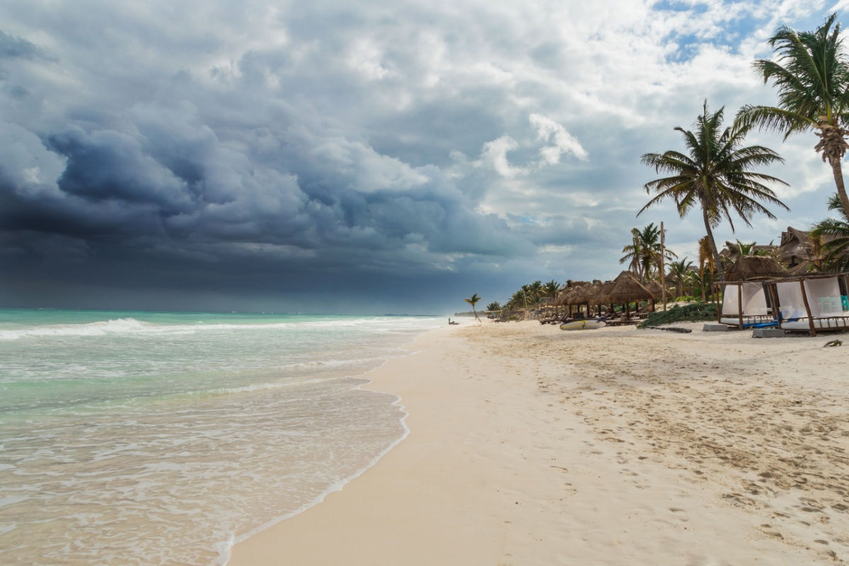 heavy rain and clouds in cancun beach 