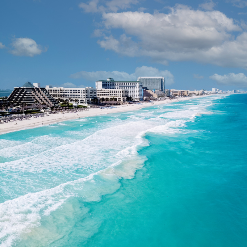 Aerial View of Beaches and Hotels in the Cancun Hotel Zone