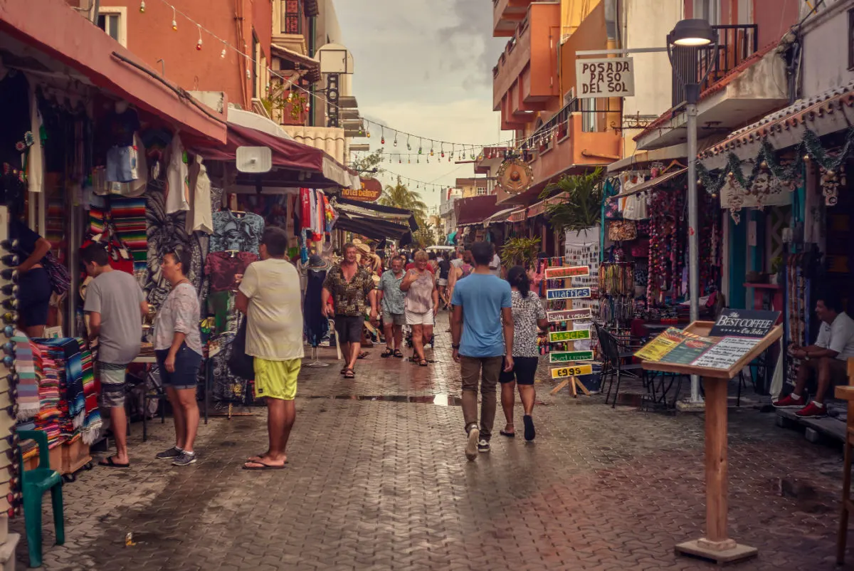 Tourists on a Street in the Magic Town of Isla Mujeres, Mexico
