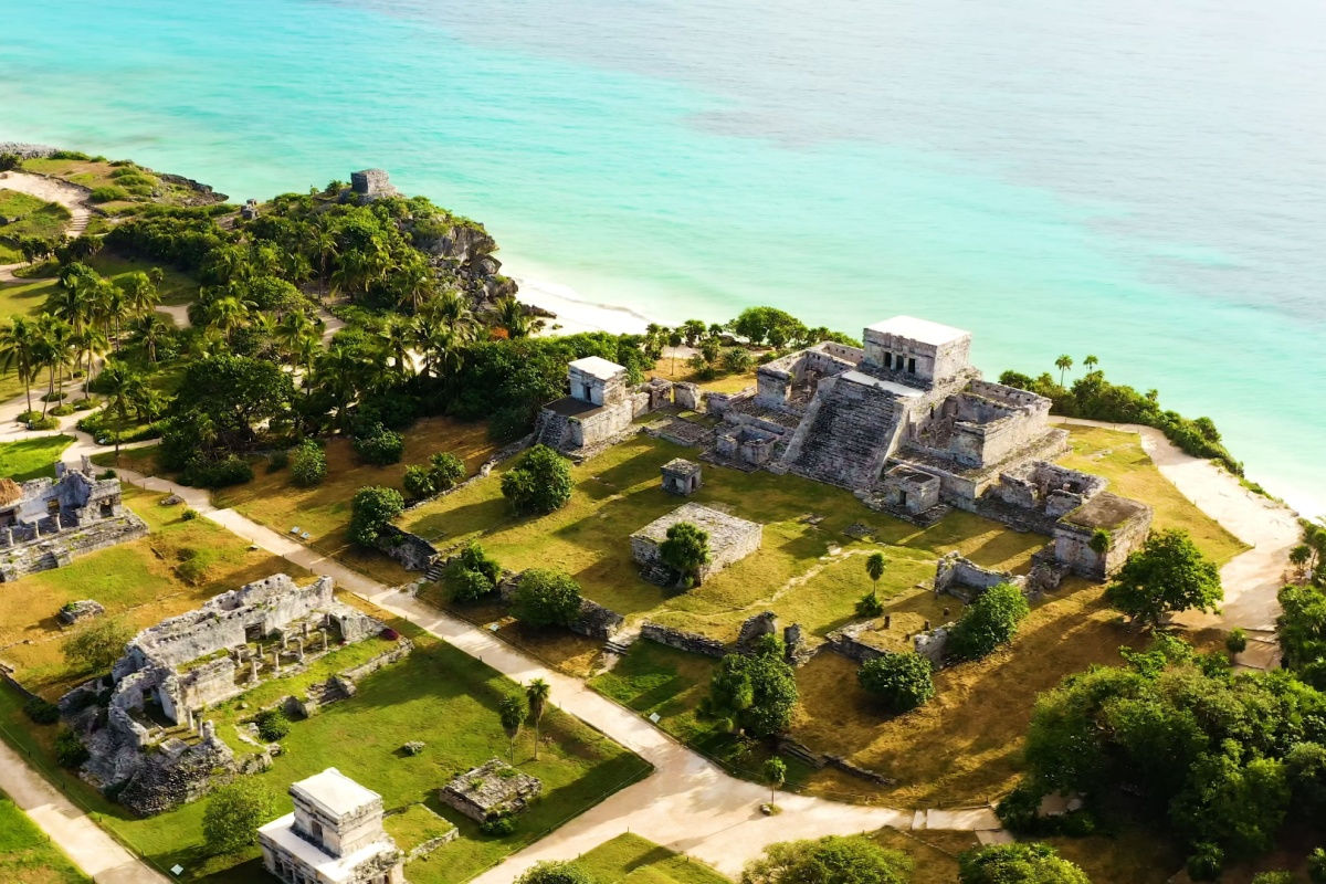 aerial view of the Tulum Archeological Zone with the sea