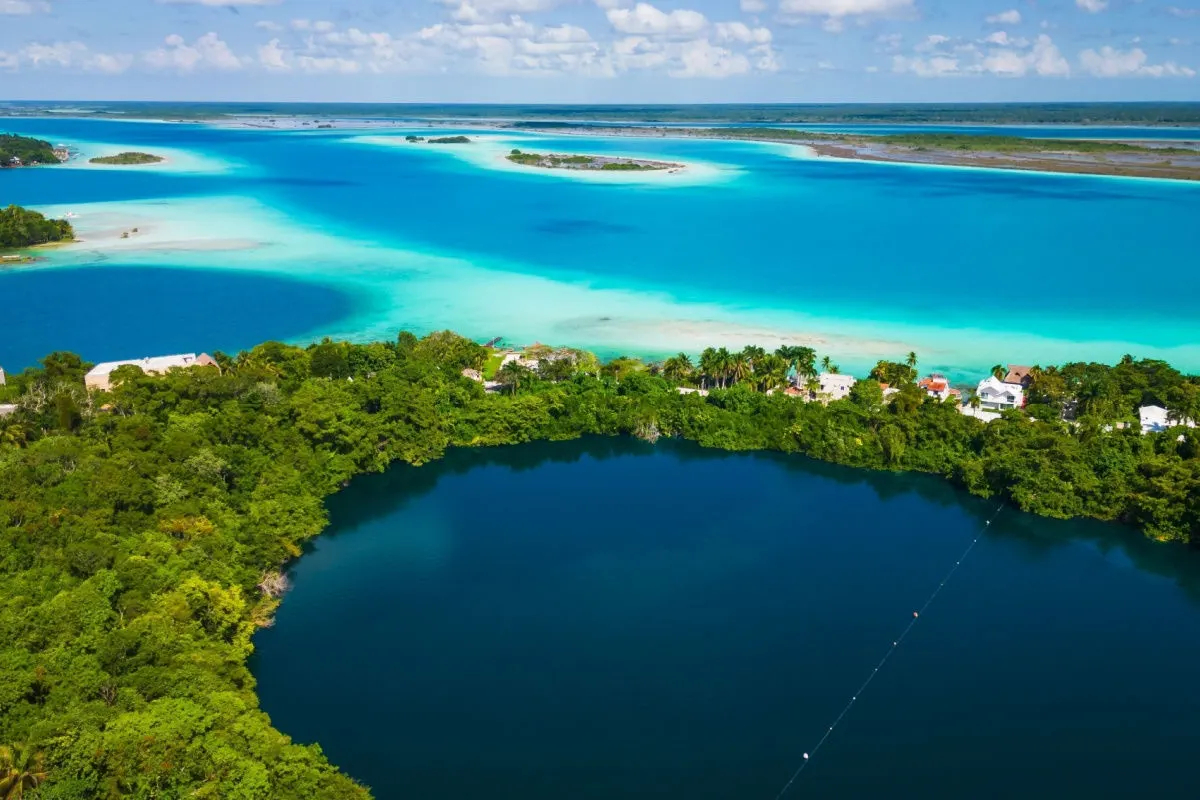 aerial view of a bacalar lagoon with blue colors