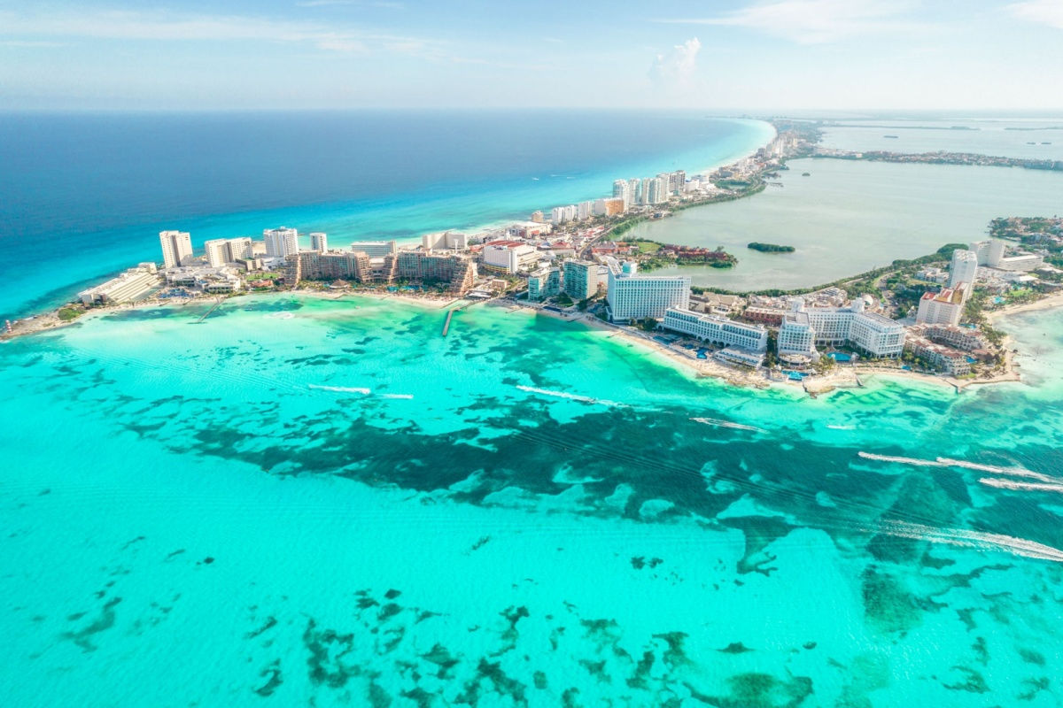 aerial view of cancun resort zone in summer