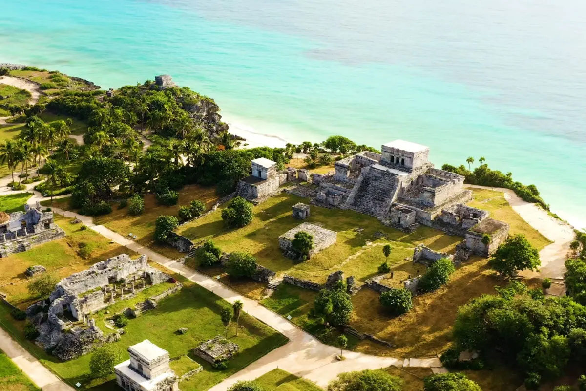 aerial view of large mayan ruins in tulum