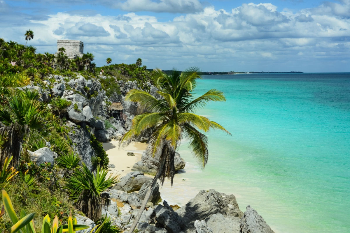 tulum coastline with mayan ruins and water