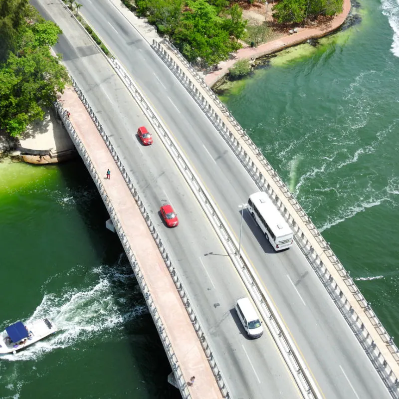 View of Traffic on a Bridge Over Nichupte Lagoon in Cancun, Mexico