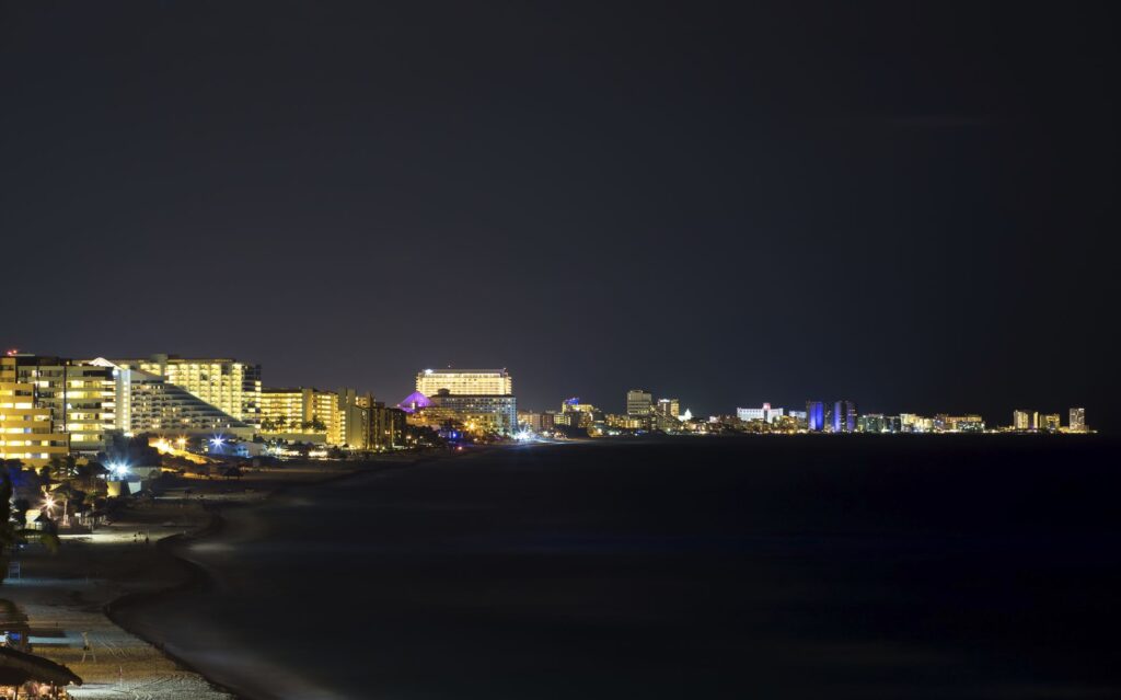 Cancun at night in resort zone
