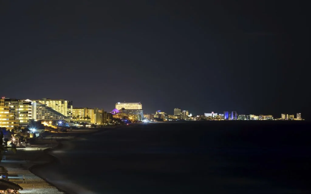Cancun at night in resort zone