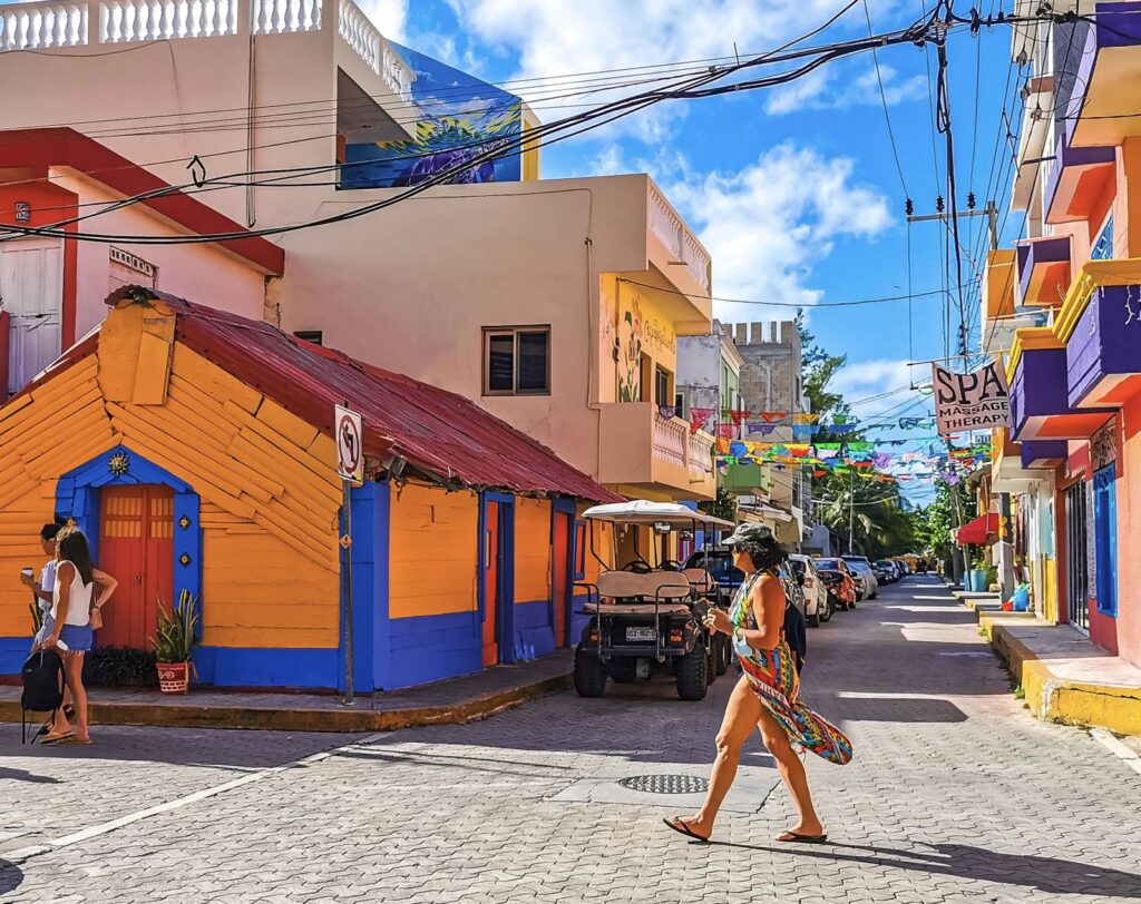 Downtown Cancun street. tourist walking