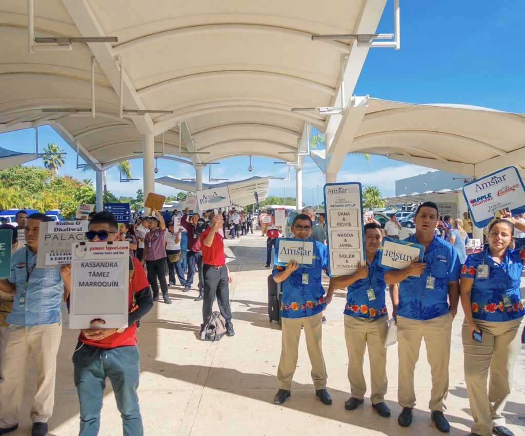 Transport waits for passengers at Cancun airport