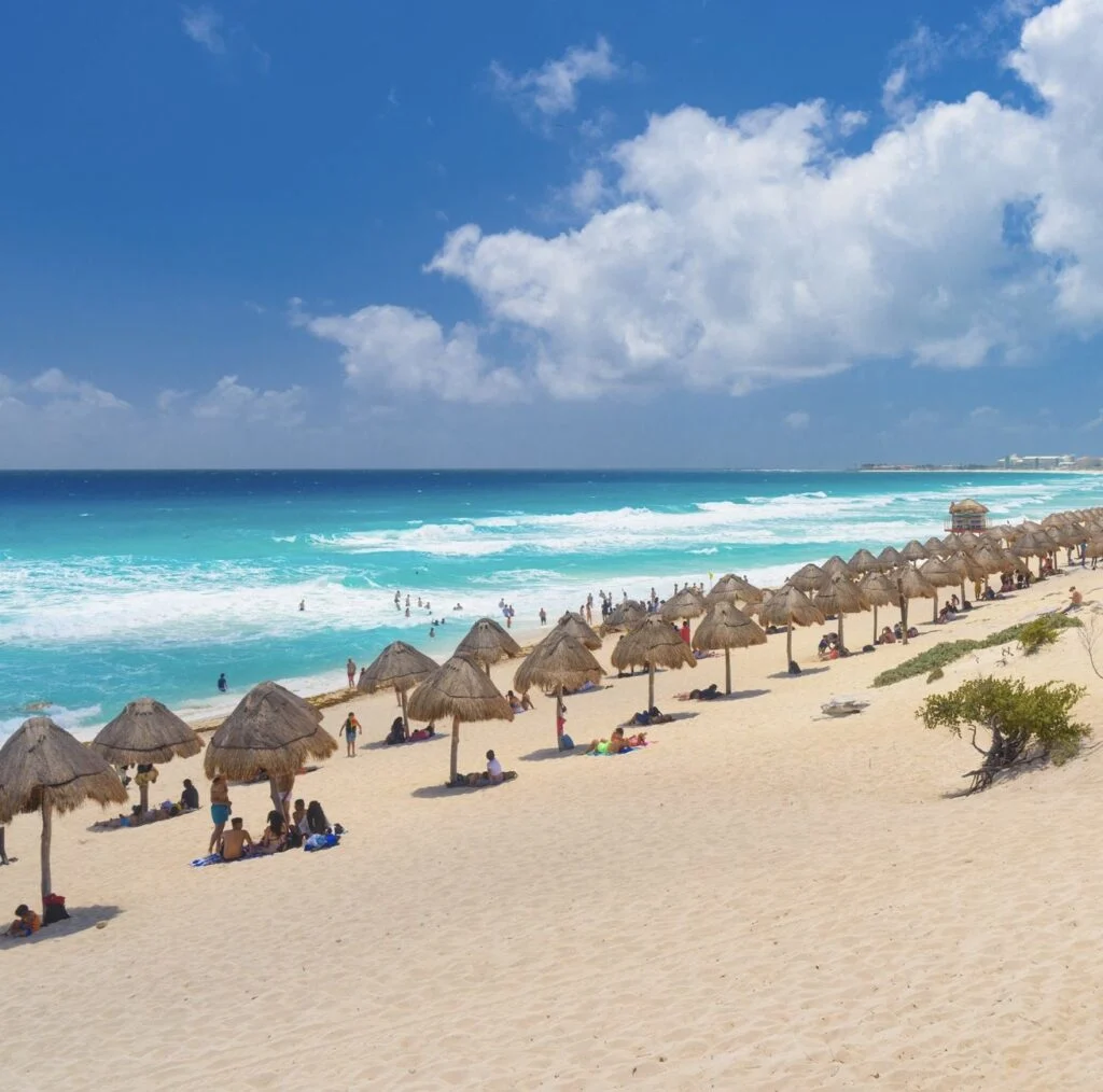 Palapas on beach on sunny day in Cancun