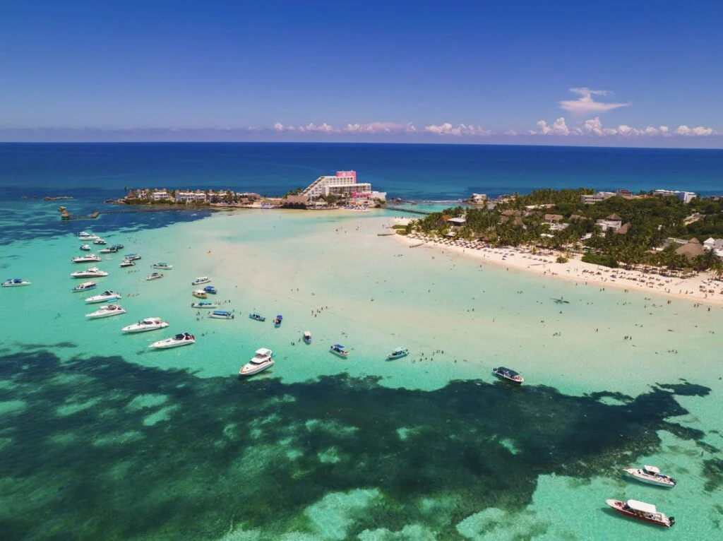 Beautiful Aerial Shot Beach Resort in Isla Mujeres, Playa del Carmen, Mexico
