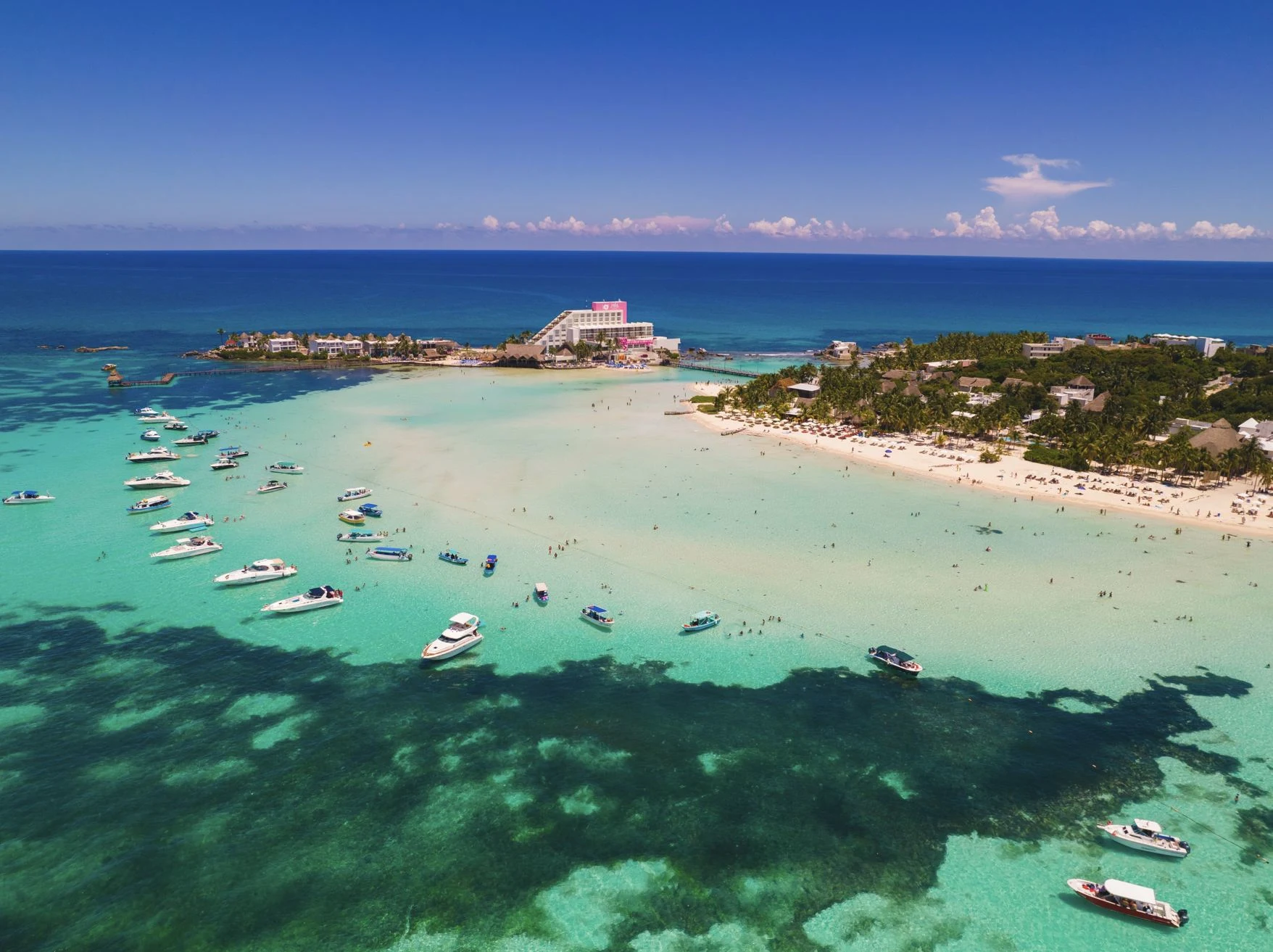 Beautiful Aerial Shot Beach Resort in Isla Mujeres, Playa del Carmen, Mexico
