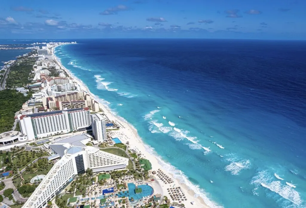 Beautiful aerial perspective of Cancuns Hotel Zone as seen from El Mirado