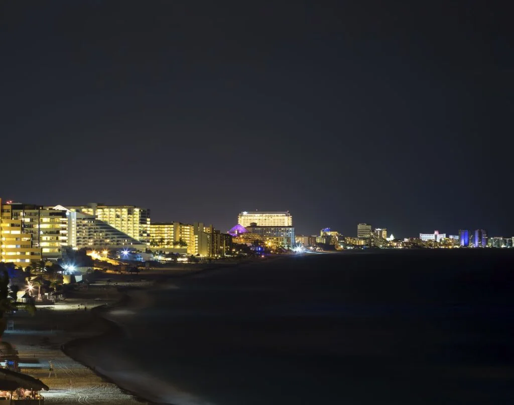 Cancun hotel zone lights shining from hotels at night time
