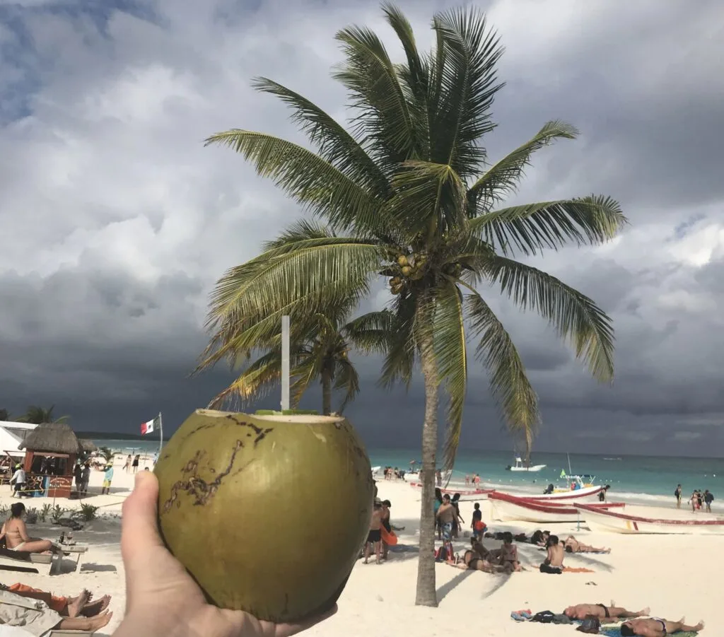 Hand holding an open coconut at Caribbean beach storm clouds