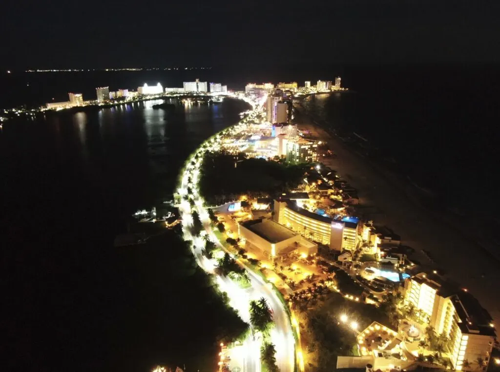 Cancun Hotel Zone At Night Aerial View