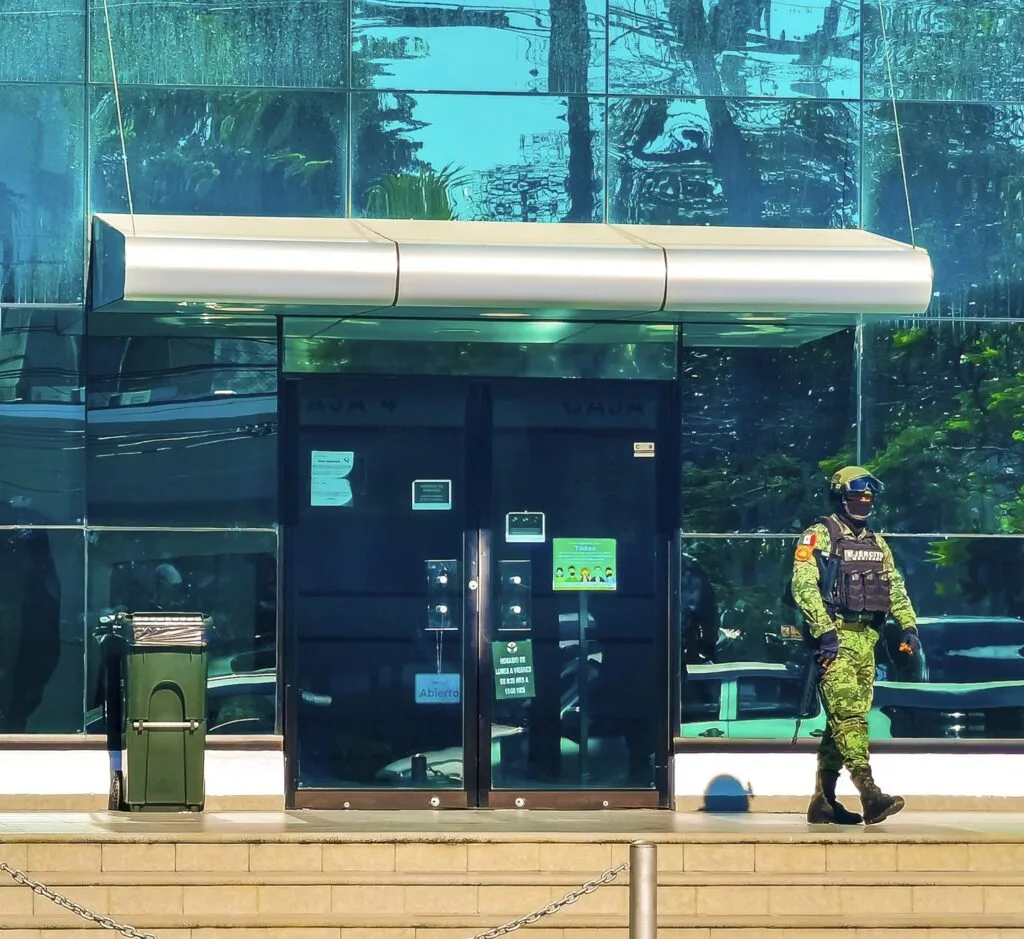 Military outside bank in Cancun
