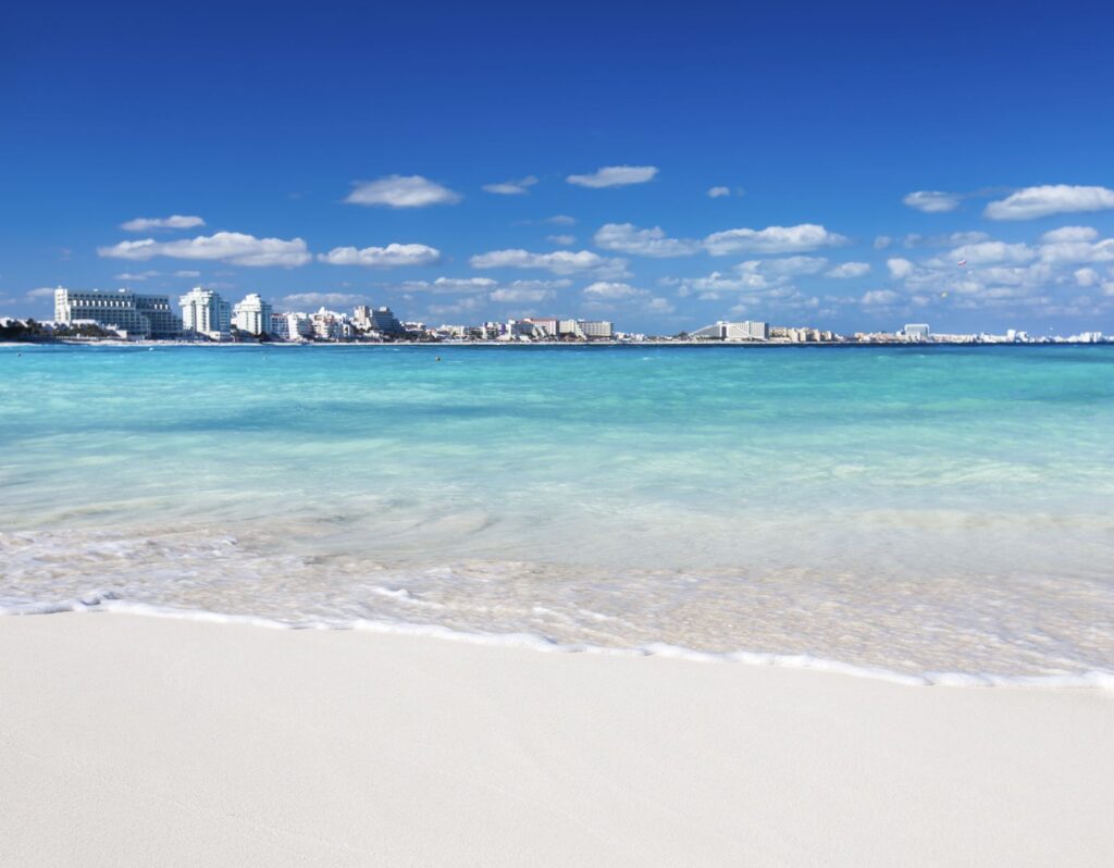 View of Cancun hotel zone from pristing clean beach