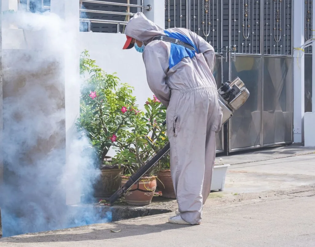 Healthcare worker using fogging machine to spraying insecticide in drainage ditch on roadside area in residential district for eliminate