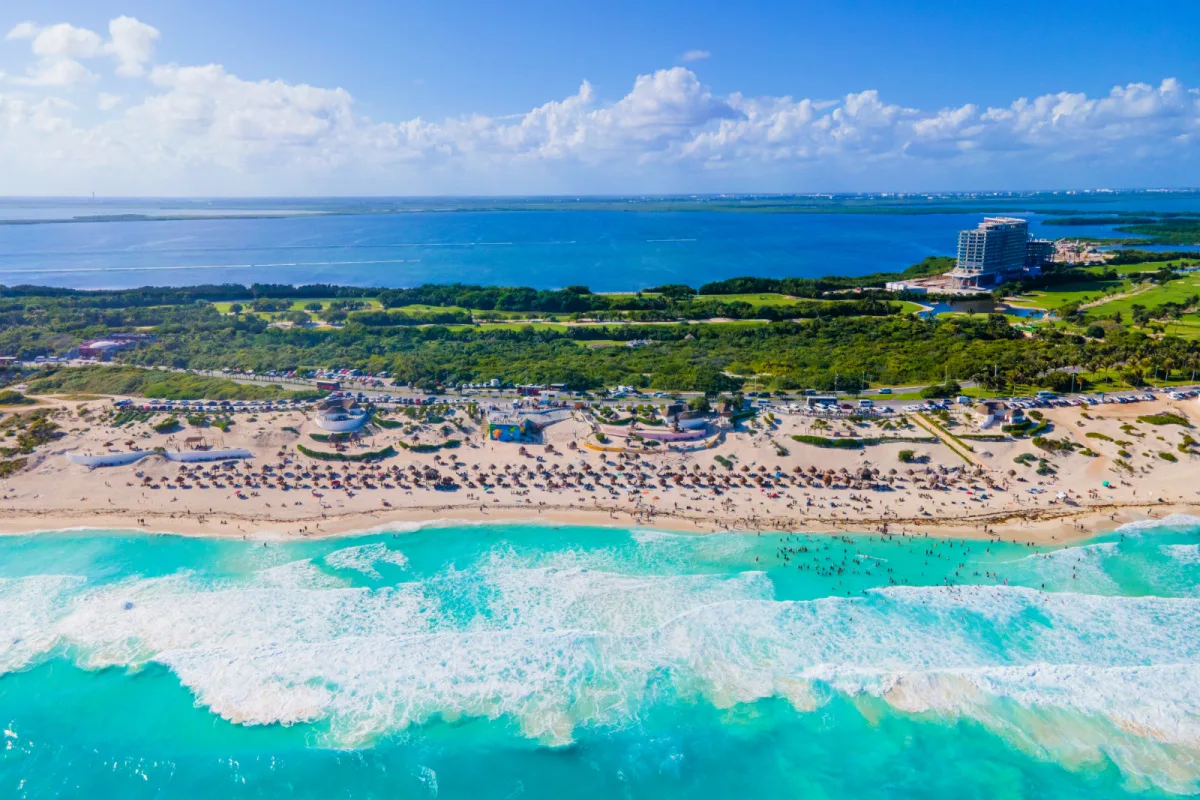 Aerial view of Playa Delfines in Cancun