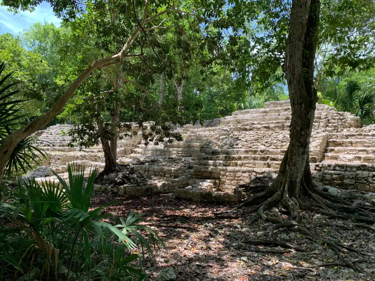 Mayan ruins at the archaeological site of Oxtankah, Chetumal, Mexico. August 8th 2022