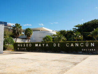 QUINTANA ROO, MEXICOFacade and signboard of the mayan museum Museo Maya de Cancún, located in the Kukulcán boulevard of the resorts zone in Cancún.