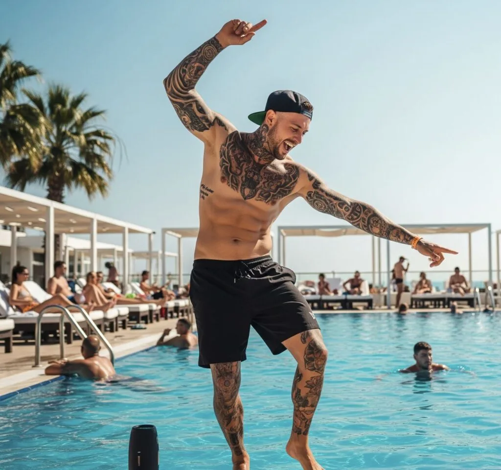 GUy with speaker at pool