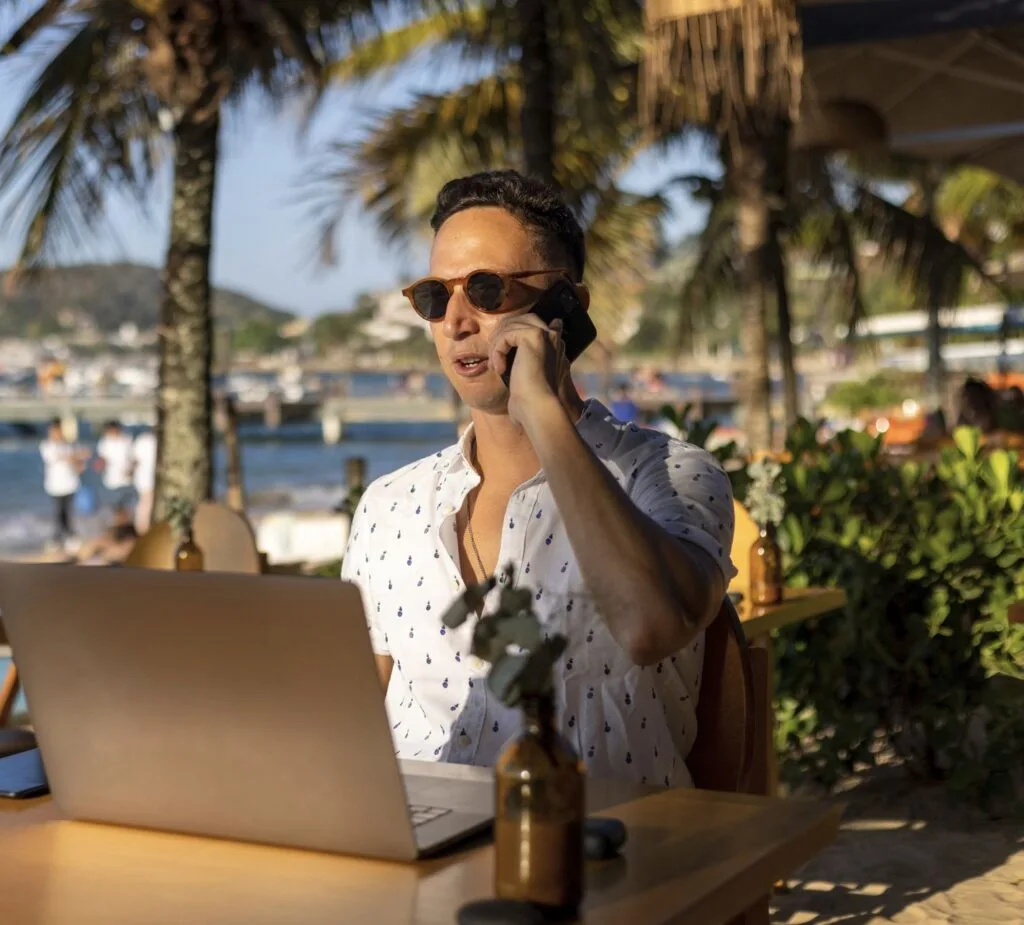 Man in digital nomad cafe