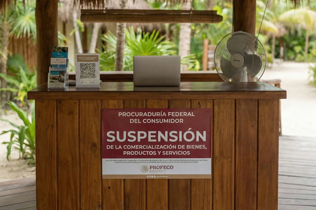 A wooden reception desk under a thatched roof in a tropical location featuring a large red PROFECO sign stating SUSPENSIÓN regarding the commercialization of goods and services.