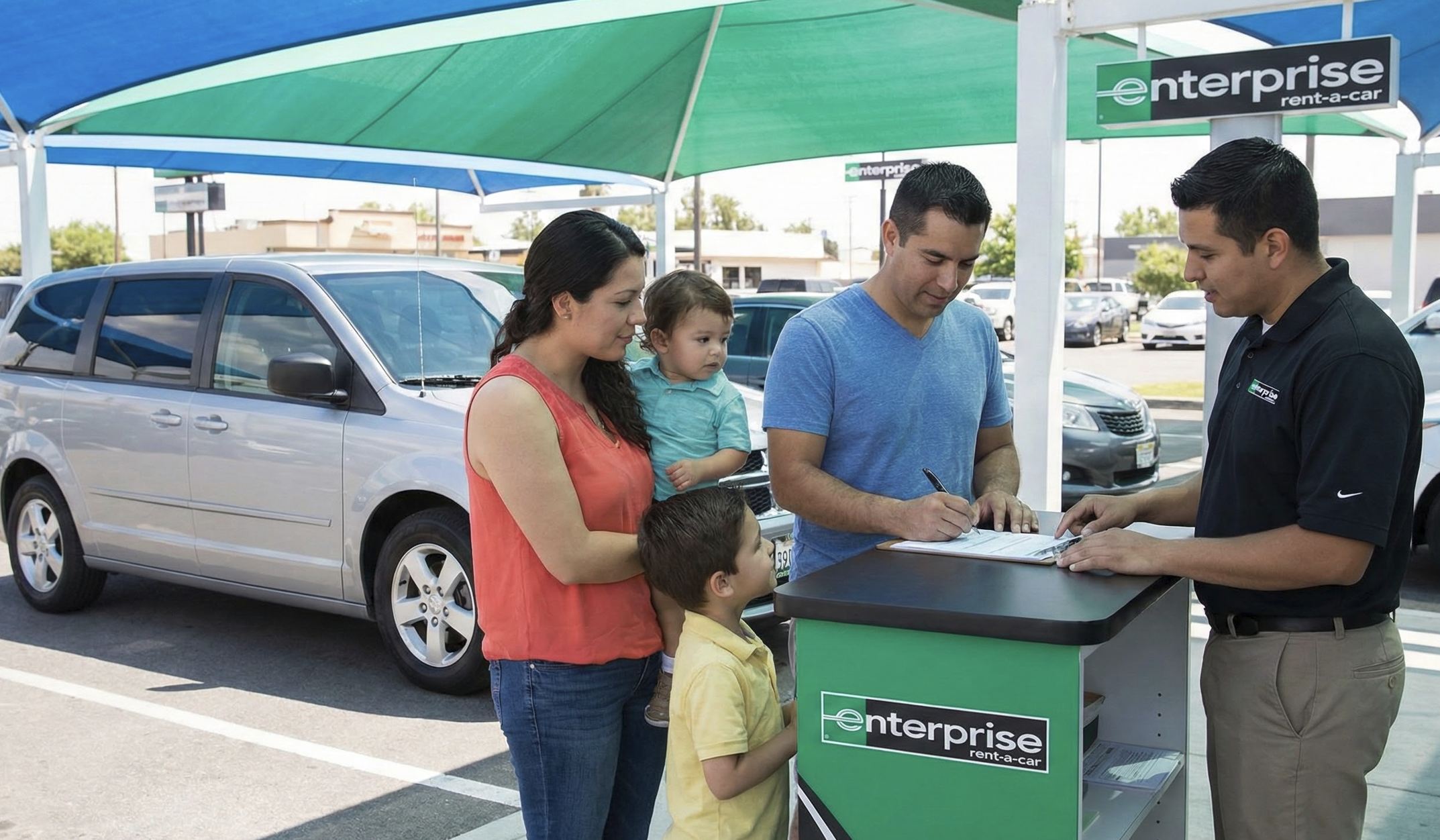 Family renting car at rental car company van Enterprise