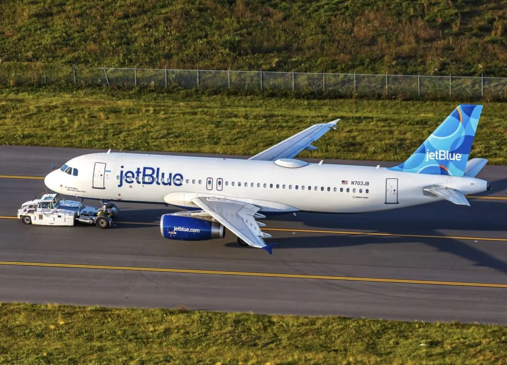 Jetblue Airbus being towed