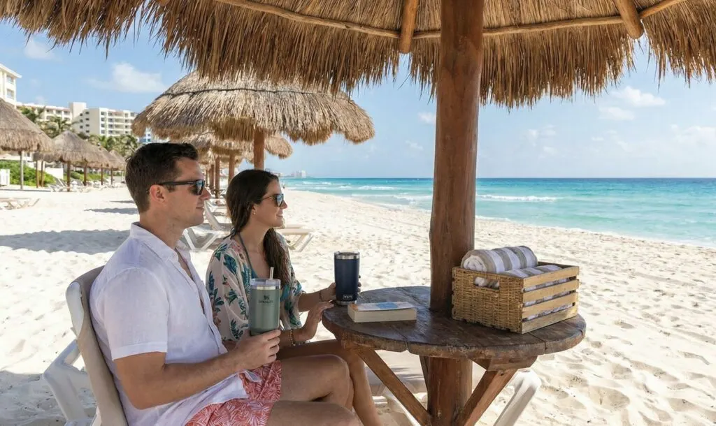 Couple on beach with Stanley and Yeti 