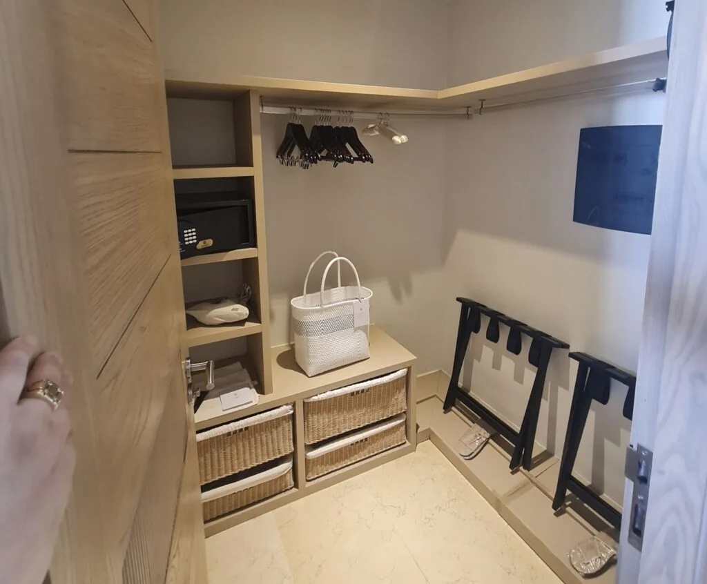 Walkin Closet At Grand Velas Riviera Maya Showing Beach bag, robes and room safe. Original Photo By Trevor Kucheran