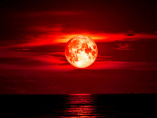 Blood moon over ocean