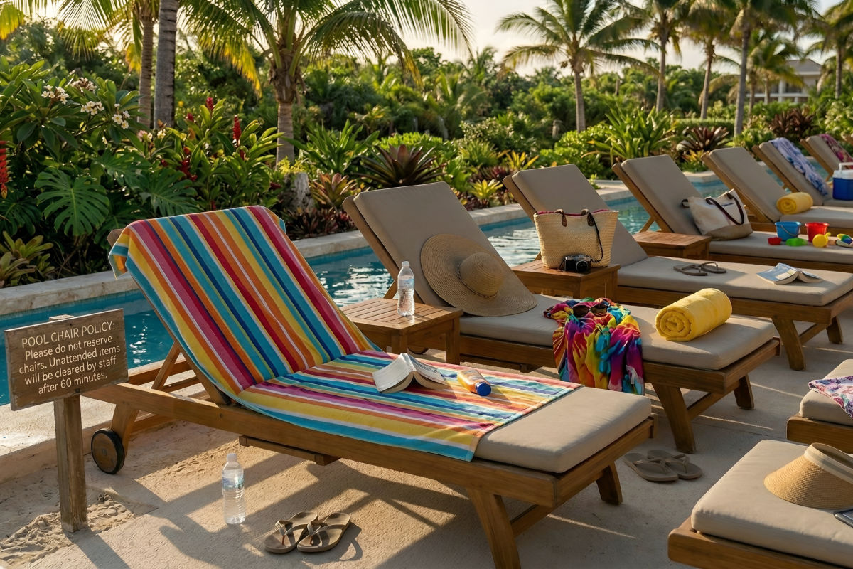 Empty pool chairs at a Cancun Resort