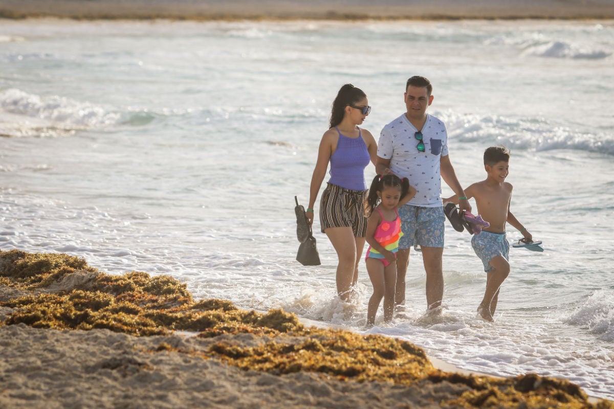 A family walks along the beach past the sargassum at Playa Forum