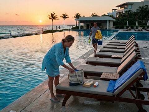 Guests waking up early at a cancun resort to reserve chairs with towels