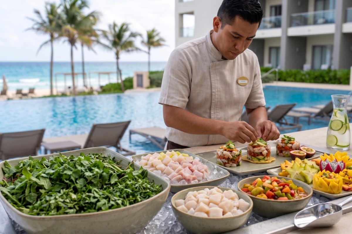 Man making Salad at a salad bar at cancun resort